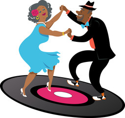 Wall Mural - Cute couple of African-American senior citizens dancing on a vinyl record, EPS 8 vector illustration