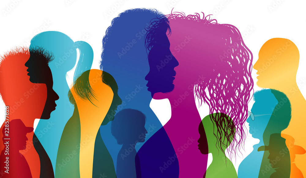 Silhouette profiles of multiracial people. Intercontinental dialogue. Group of people of different ages and nationalities. Multiple exposure vector - obrazy, fototapety, plakaty 