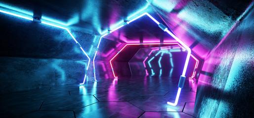 dark modern futuristic alien reflective grunge concrete corridor tunnel empty room with purple and b