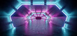 Bright Modern Futuristic Alien Reflective Concrete Corridor Tunnel Empty Room With Purple And Blue Neon Glowing Lights Hexagon Floor Background 3D Rendering