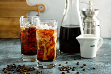 Cold brew iced coffee in tall glasses