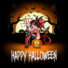 Sexy Devil Woman Sitting On A Halloween Pumpkin