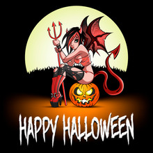 Sexy Devil Woman Sitting On A Halloween Pumpkin