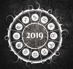 Wall Mural - Astrological symbols in the circle. New Year and Christmas celebration card template. Zodiac circle with 2019 new year number.