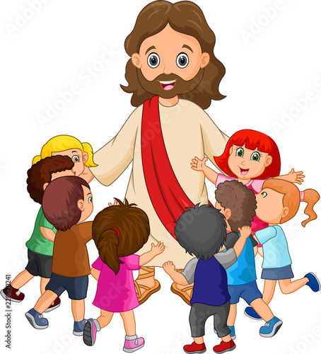 Cuadros en Lienzo Cartoon Jesus Christ being surrounded by children