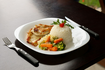 rice, grilled chicken and vegetables