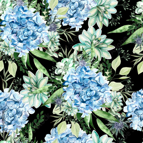 Colorful watercolor pattern with flowers hydrangea, succulents and leaves.