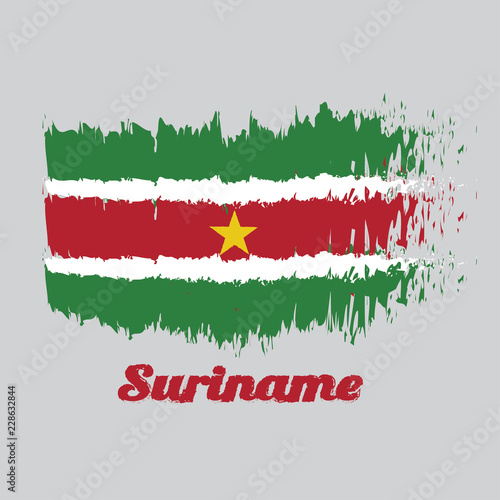 Brush Style Color Flag Of Suriname Green And Red With Large White Border With The Large Yellow Star Centered On The Red Band With Text Suriname Buy This Stock Vector And