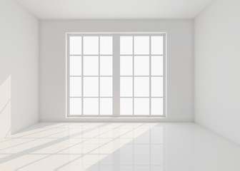 Wall Mural - Empty white room with window and sunlight. 3d illustration;