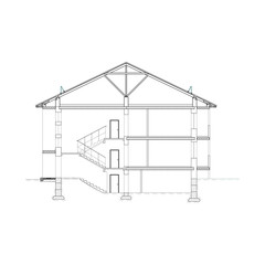 Wall Mural - Detailed multi-storey building. Cross-section house. Vector black and white blueprint.