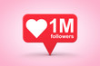 Social Media Network Love and Like Heart Icon with One Million Followers Sign. 3d Rendering