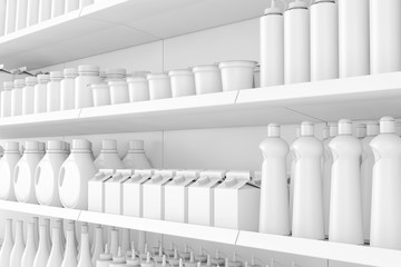 Poster - Supermarket Shelving Rack with Blank Products or Goods in Clay Style. 3d Rendering