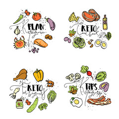 Keto Cook Book, Ketogenic Plan, Keto for Beginners, Ketogenic Tips - vector sketch illustration, multi-colored sketch healthy concept. Healthy keto diet with texture in a circle form - all nutrients