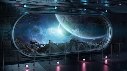 Black tech spaceship round window interior background 3D rendering