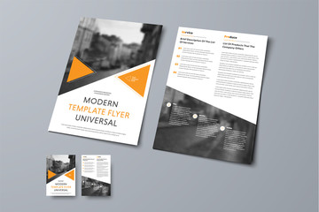 Wall Mural - vector flyer design with triangular orange elements and space for photo.