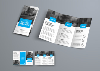 Wall Mural - tri-fold vector brochure template with blue rectangular elements for headers.