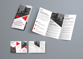 Tri-fold brochure template in modern style with red triangles and space for photo.