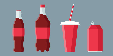 Set of soda drinks in flat style with long shadow isolated on grey background. Collection of paper cup, plastic and glass bottles vector illustration.