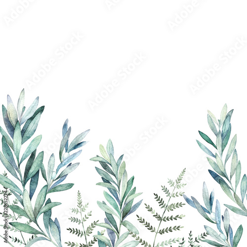 Watercolor floral card with eucalyptus branch and fern. Hand drawn botanical ...