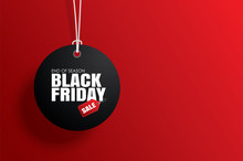 Black Friday Sale Tag Circle Banner And The Rope Hanging On Red Background