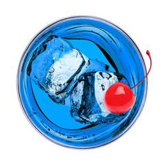 Poster - Blue lagoon cocktail with orange and maraschino cherry on white background