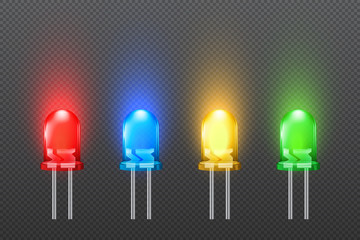 set of colored light emitting diodes with glowing effect, led collection, isolated on simple backgro