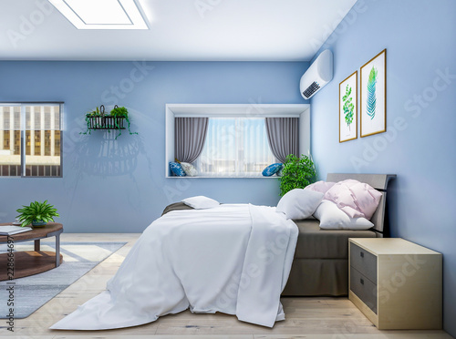 Modern Bedroom With Light Blue Walls With Double Bed Table Tv