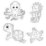 Fototapeta Pokój dzieciecy - Cute sea animals ( turtle, octopus, seahorse, starfish ). Vector black and white outline illustration for coloring book.