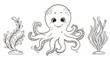 Fototapeta Pokój dzieciecy - Cute cartoon octopus with seaweed for coloring book.