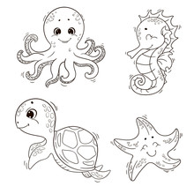 Cute Sea Animals ( Turtle, Octopus, Seahorse, Starfish ). Vector Black And White Outline Illustration For Coloring Book.