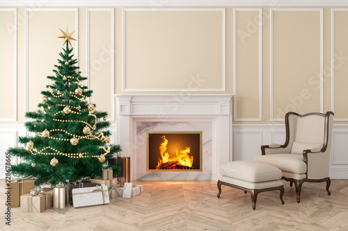 Fotografia Classic beige interior with christmas tree, fireplace, lounge armchair, wall panels, wood floor