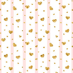 Wall Mural - gold heart seamless pattern. pink-white geometric stripes, golden confetti-hearts. symbol of love, v
