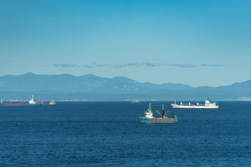 Sticker - seascape with views of ships, sea and sky.