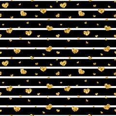 Wall Mural - gold heart seamless pattern. black-white geometric stripes, golden confetti-hearts. symbol of love, 