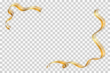 Gold Ribbon Frame. Golden Serpentine Design. Decorative Streamer Border, Isolated Transparent White Background. Decoration For Christmas, Carnival, Holiday Celebration, Birthday. Vector Illustration