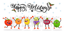Cute Jumping Fruits And Vegetables Kids. Happy Holidays Hand Drawn Text. Vector Cartoon Funny Food Character. Christmas Illustration Isolated On A White Background.