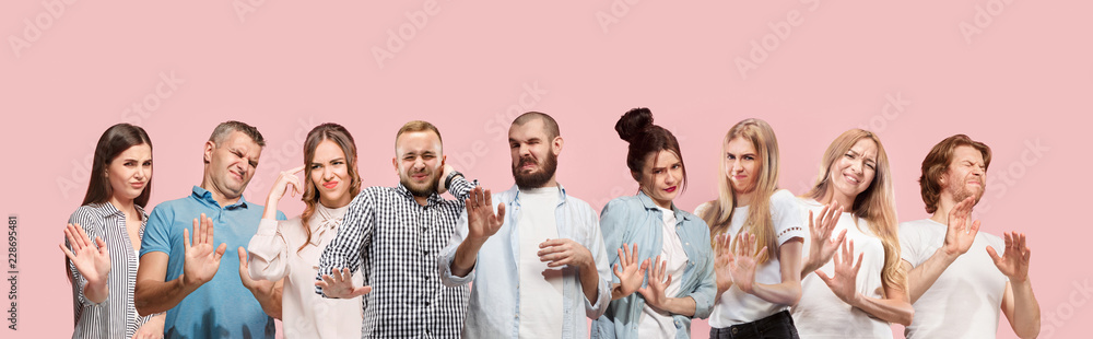 Collage about reject, rejection, doubt concept. Doubtful women and men ...