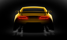 Realistic Yellow Sport Car Back View With Unlocked Rear Lights In The Dark