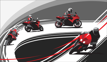 Motorcycle racers on the track, gray background.