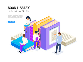 Book library isometric with people. Internet archive concept and digital learning for web banner. Dictionary, encyclopedia and literature e library vector illustration.