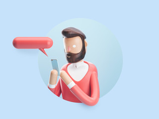 Sticker - 3d illustration. guy sends sms