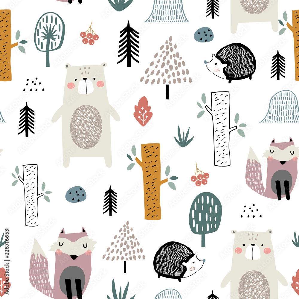 Seamless childish pattern with cute bear, fox, hedgehogs in the wood. Creative kids scandinavian style texture for fabric, wrapping, textile, wallpaper, apparel. Vector illustration - obrazy, fototapety, plakaty 