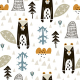 Semless woodland pattern with badgers n and hand drawn elements. Scandinaviann style childish texture for fabric, textile, apparel, nursery decoration. Vector illustration