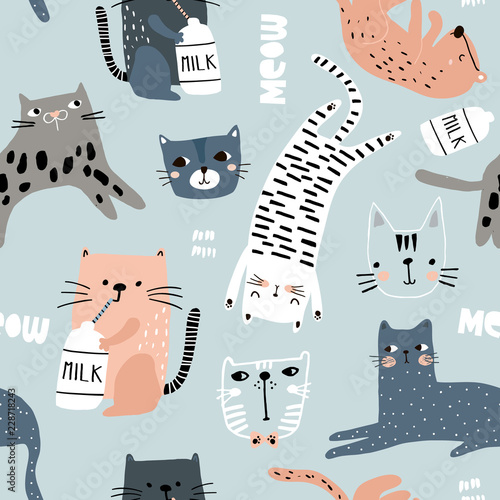 Cotton fabric Seamless pattern with different funny cats. Creative childish texture. Great for fabric, textile Vector Illustration