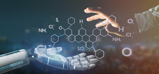 Poster - Cyborg hand holding a  molecule structure 3d rendering