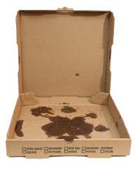 Wall Mural - Empty greasy pizza box with lid open. Isolated.