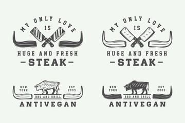 Set of vintage butchery meat, steak or bbq logos, emblems, badge