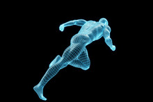 3D Rendering Of The Running Male Body, Blue Mesh, Robot, The Future Of Artificial Intelligence Creative Abstract Concept Background