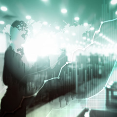 Wall Mural - business abstract background double exposure graph, chart and diagram. world wide map and. global bu
