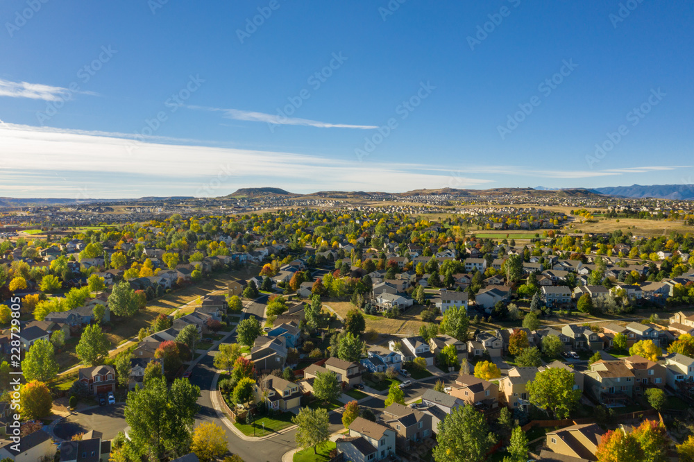 aerial view of urban sprawl in Castle Rock, Colorado, outside of Denver - obrazy, fototapety, plakaty 